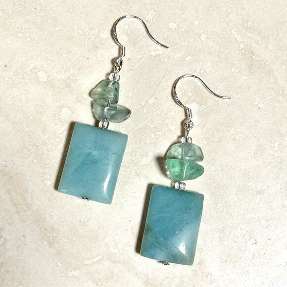 2/$20, Genuine Teal Amazonite & Fluorite Gemstone Sterling Silver Hook Earrings - Picture 2 of 9